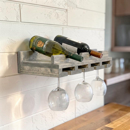 Bottle Holder + Stemware Storage Wine Rack: Cask & Timber All-in-One Wall Mounted Wine Station – Handcrafted Solid Wood