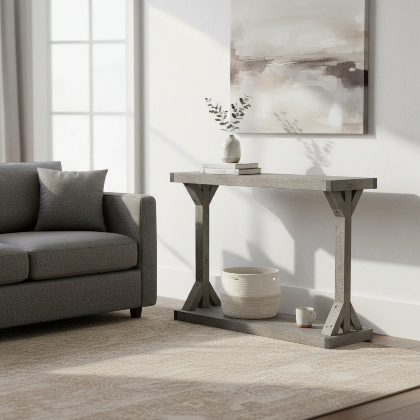 Light walnut solid wood console table with floating shelf, handmade rustic furniture.