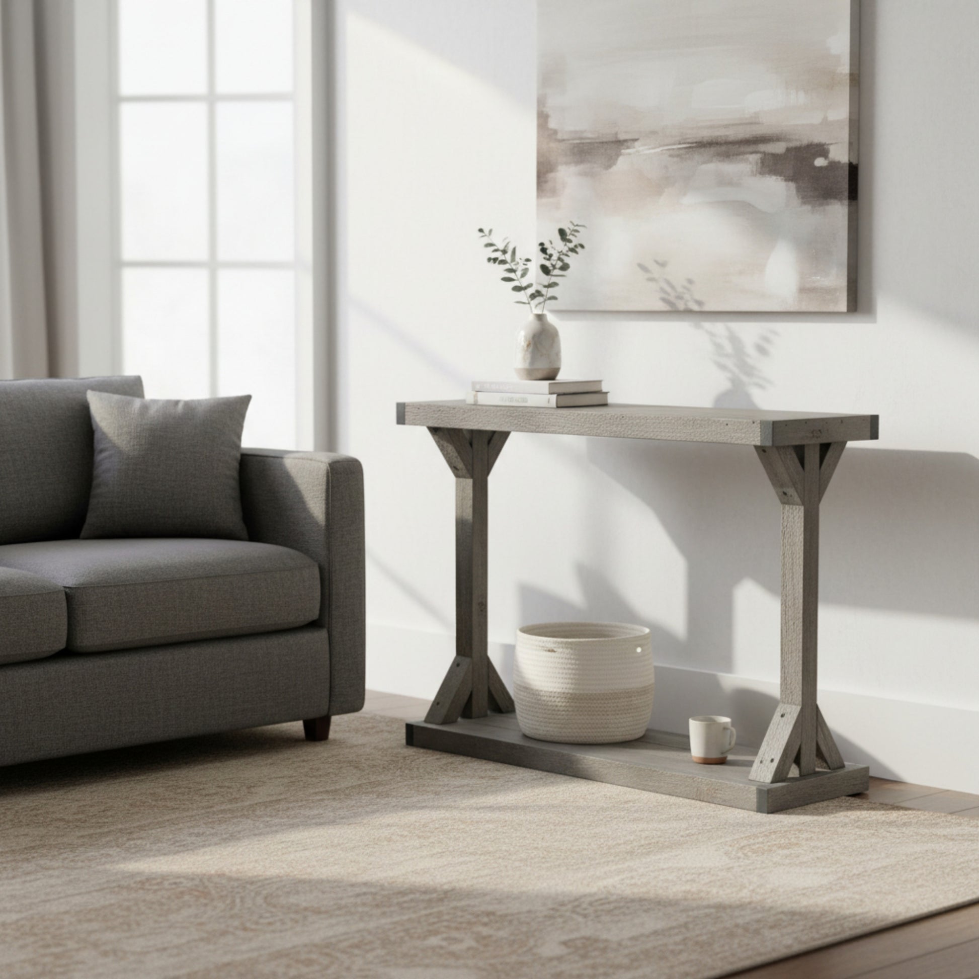 Light walnut solid wood console table with floating shelf, handmade rustic furniture.