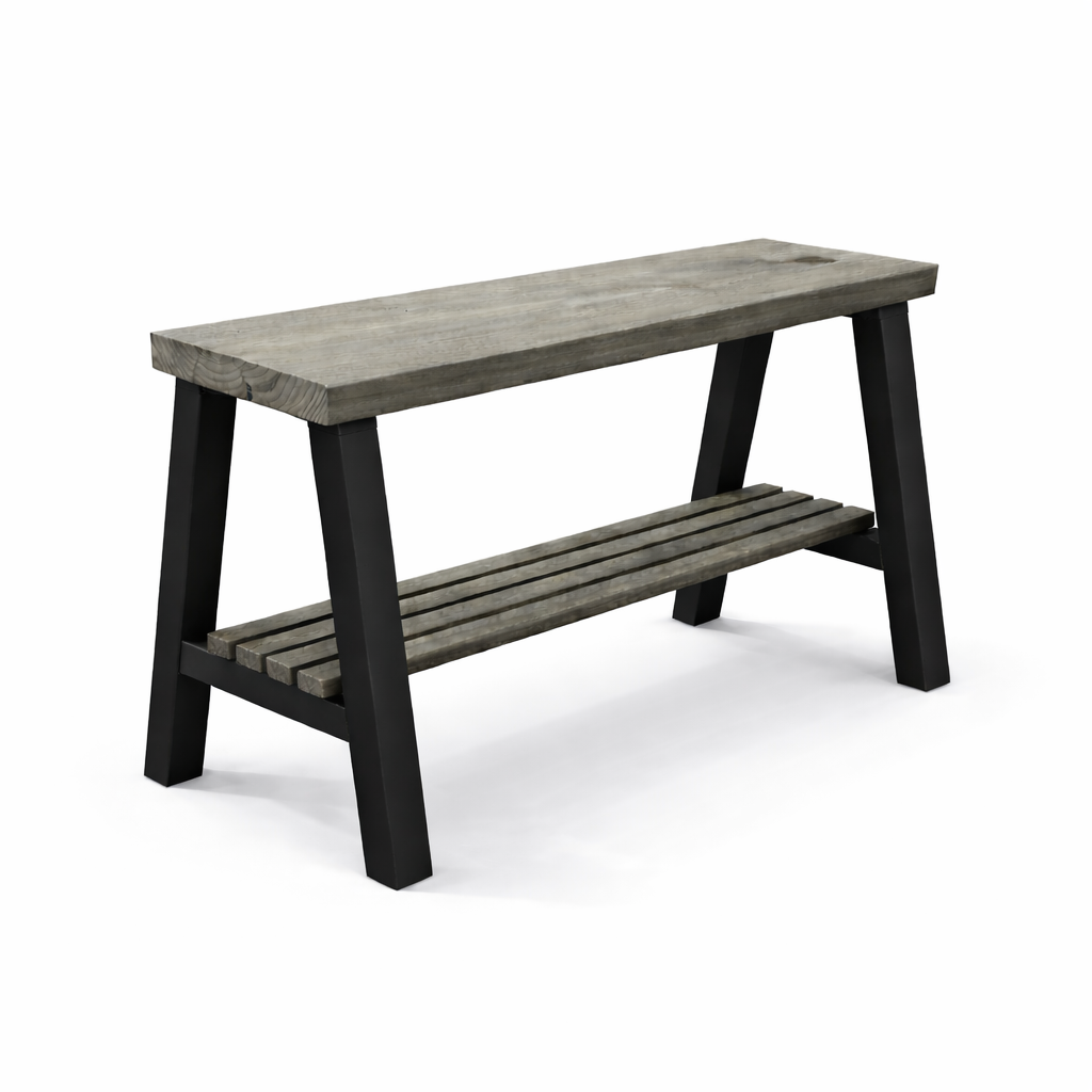 Solid wood furniture entryway bench with dark walnut top, white legs, and lower floating shelf in modern rustic style.