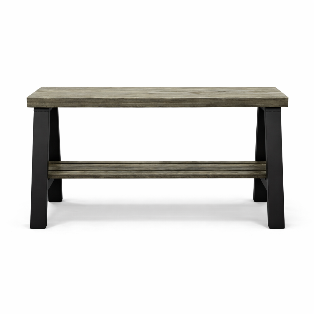 Solid wood furniture entryway bench with dark walnut top, white legs, and lower floating shelf in modern rustic style.