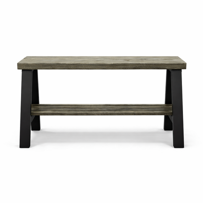 Solid wood furniture entryway bench with dark walnut top, white legs, and lower floating shelf in modern rustic style.