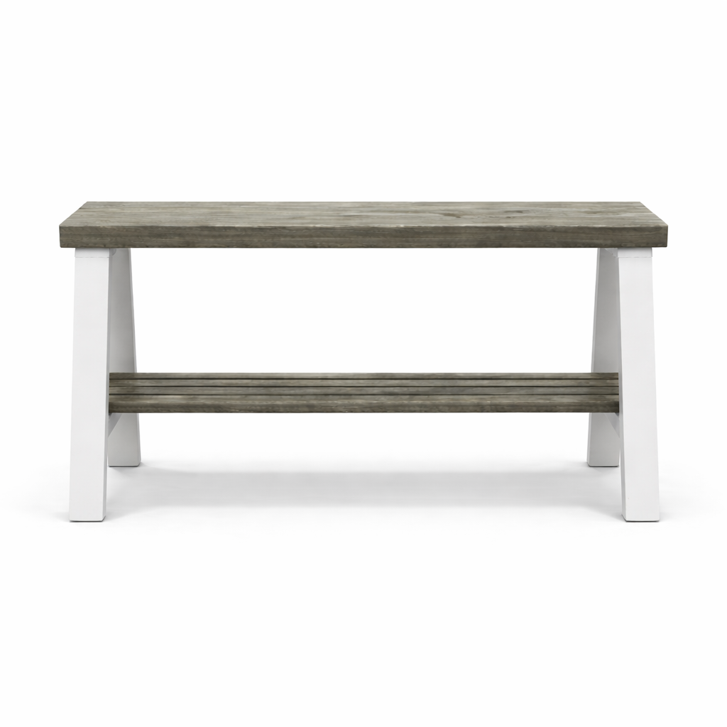 Solid wood furniture entryway bench with dark walnut top, white legs, and lower floating shelf in modern rustic style.