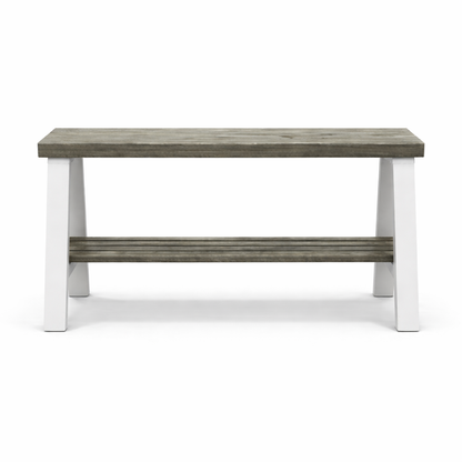 Solid wood furniture entryway bench with dark walnut top, white legs, and lower floating shelf in modern rustic style.