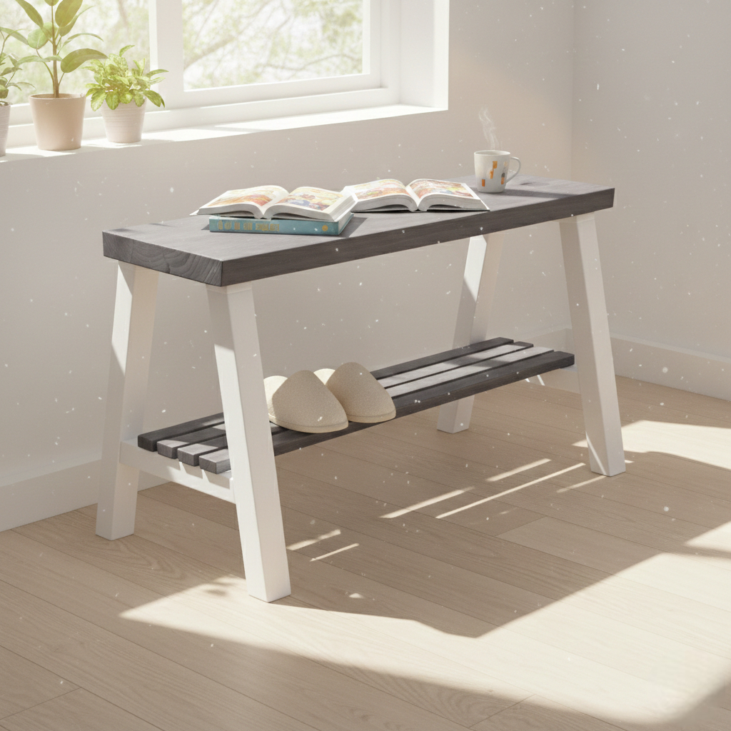 Solid wood furniture entryway bench with dark walnut top, white legs, and lower floating shelf in modern rustic style.