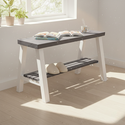 Solid wood furniture entryway bench with dark walnut top, white legs, and lower floating shelf in modern rustic style.