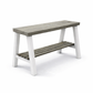 Solid wood furniture entryway bench with dark walnut top, white legs, and lower floating shelf in modern rustic style.