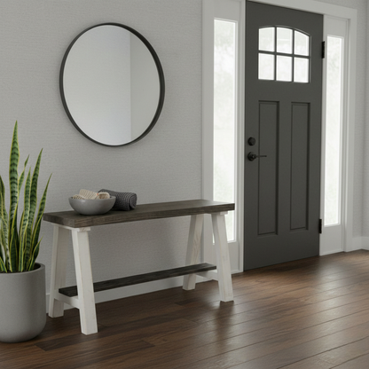 Modern rustic solid wood entry bench with dark walnut top and white legs, handmade wood furniture.