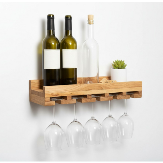 Wooden wall-mounted wine rack with bottles and glasses on a white background