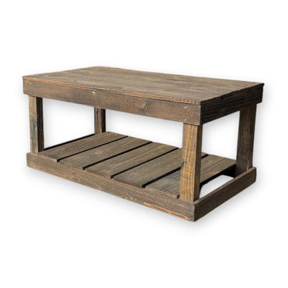 Handcrafted solid wood coffee table with dark walnut finish, floor shelf, rustic modern design.