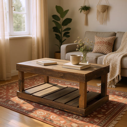 Handcrafted solid wood coffee table with dark walnut finish, floor shelf, rustic modern design.