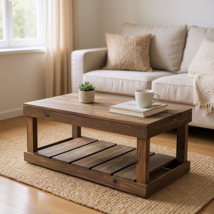 Handcrafted solid wood coffee table with dark walnut finish, floor shelf, rustic modern design.
