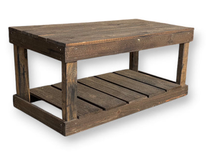 Handcrafted solid wood coffee table with dark walnut finish, floor shelf, rustic modern design.