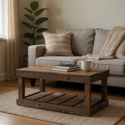 Handcrafted solid wood coffee table with dark walnut finish, floor shelf, rustic modern design.