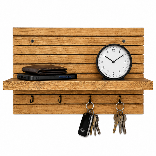 Waypoint Wall Organizer Shelf with Key Hooks - Rustic Entryway Storage Shelf for Keys, Wallets, and Everyday Essentials