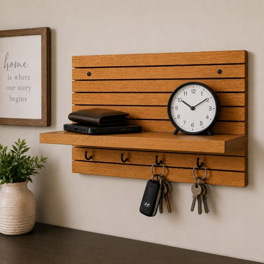 Waypoint Wall Organizer Shelf with Key Hooks - Rustic Entryway Storage Shelf for Keys, Wallets, and Everyday Essentials