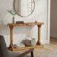 Light walnut solid wood console table with floating shelf, handmade rustic furniture.
