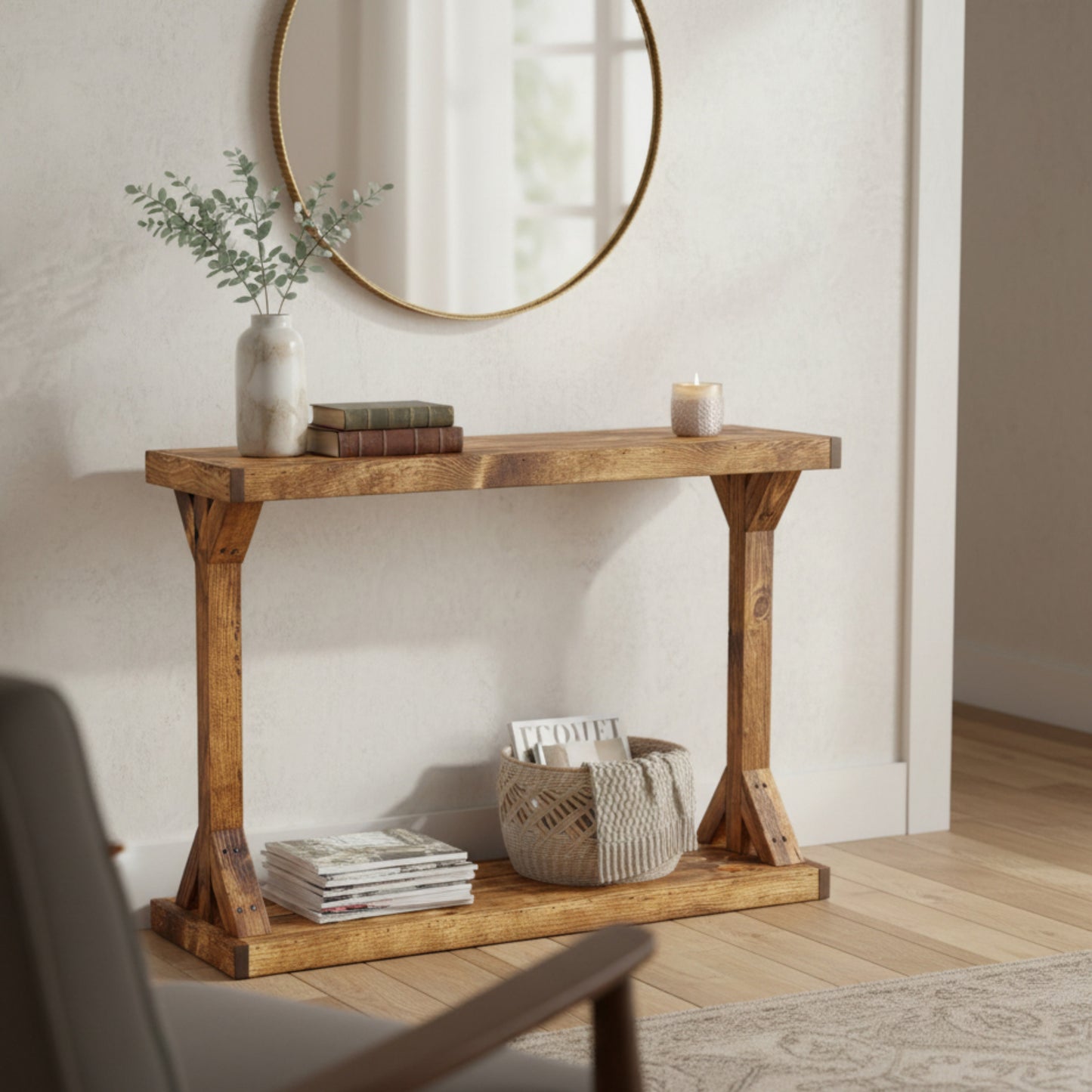 Light walnut solid wood console table with floating shelf, handmade rustic furniture.