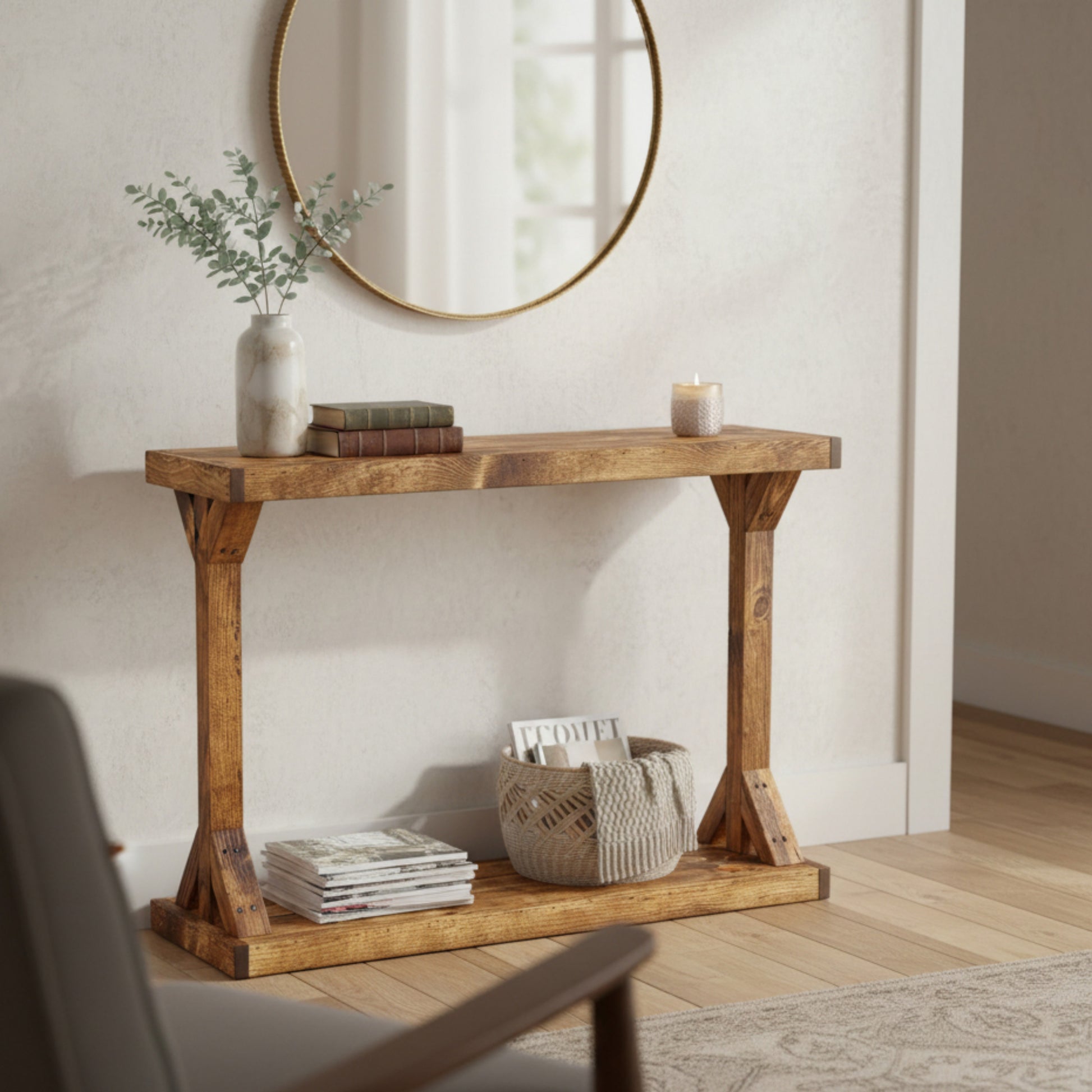 Light walnut solid wood console table with floating shelf, handmade rustic furniture.