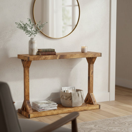 Light walnut solid wood console table with floating shelf, handmade rustic furniture.