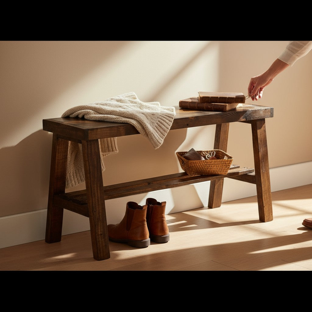 Rustic solid pine wood entry bench in dark finish with modern rustic furniture style.