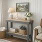 Solid wood handmade console table in navy blue with natural wood top and lower shelf, modern rustic furniture.
