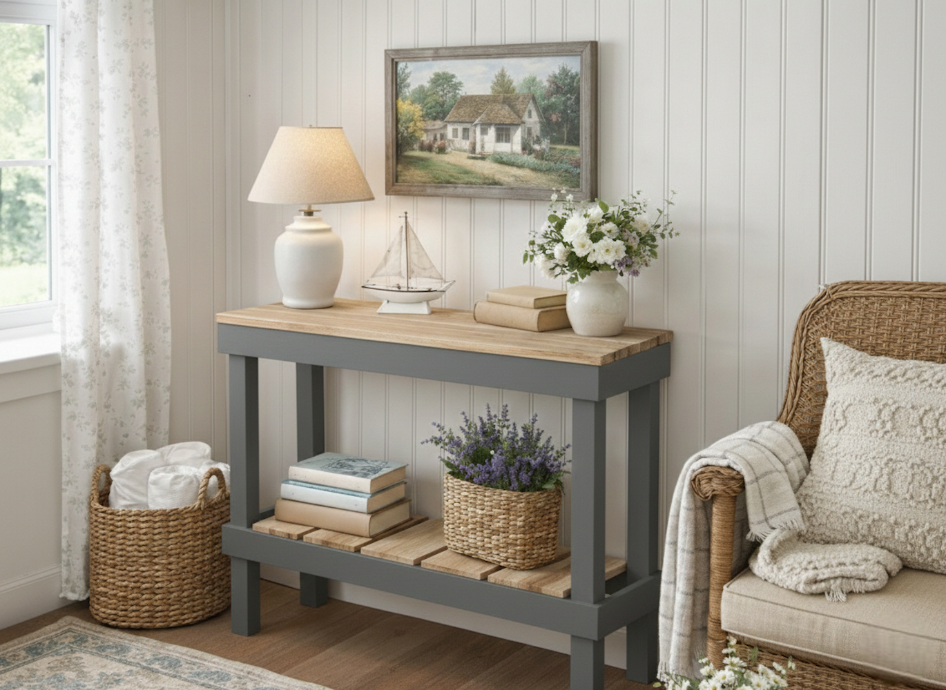 Solid wood handmade console table in navy blue with natural wood top and lower shelf, modern rustic furniture.