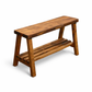 Solid wood furniture entryway bench with dark walnut top, white legs, and lower floating shelf in modern rustic style.