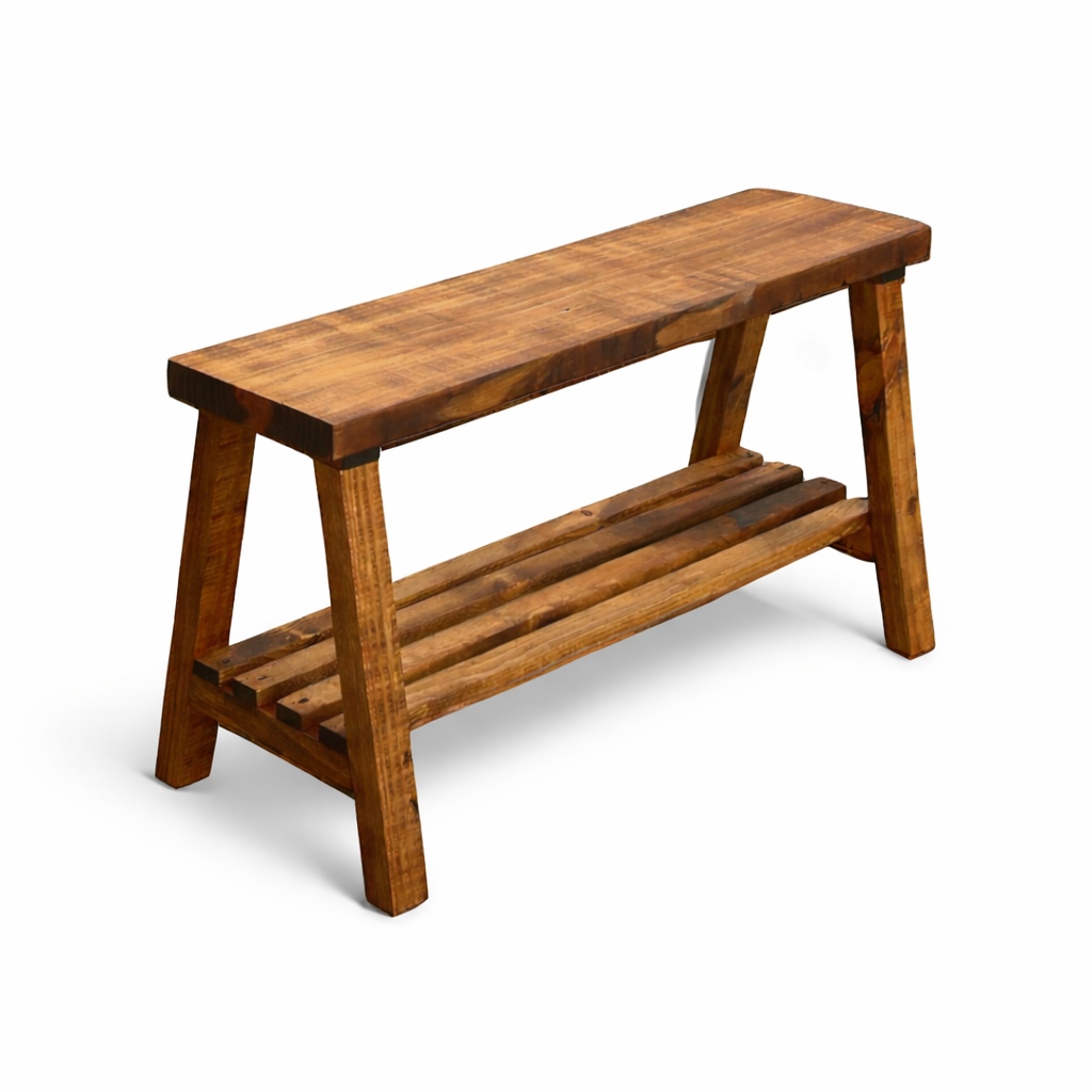 Solid wood furniture entryway bench with dark walnut top, white legs, and lower floating shelf in modern rustic style.