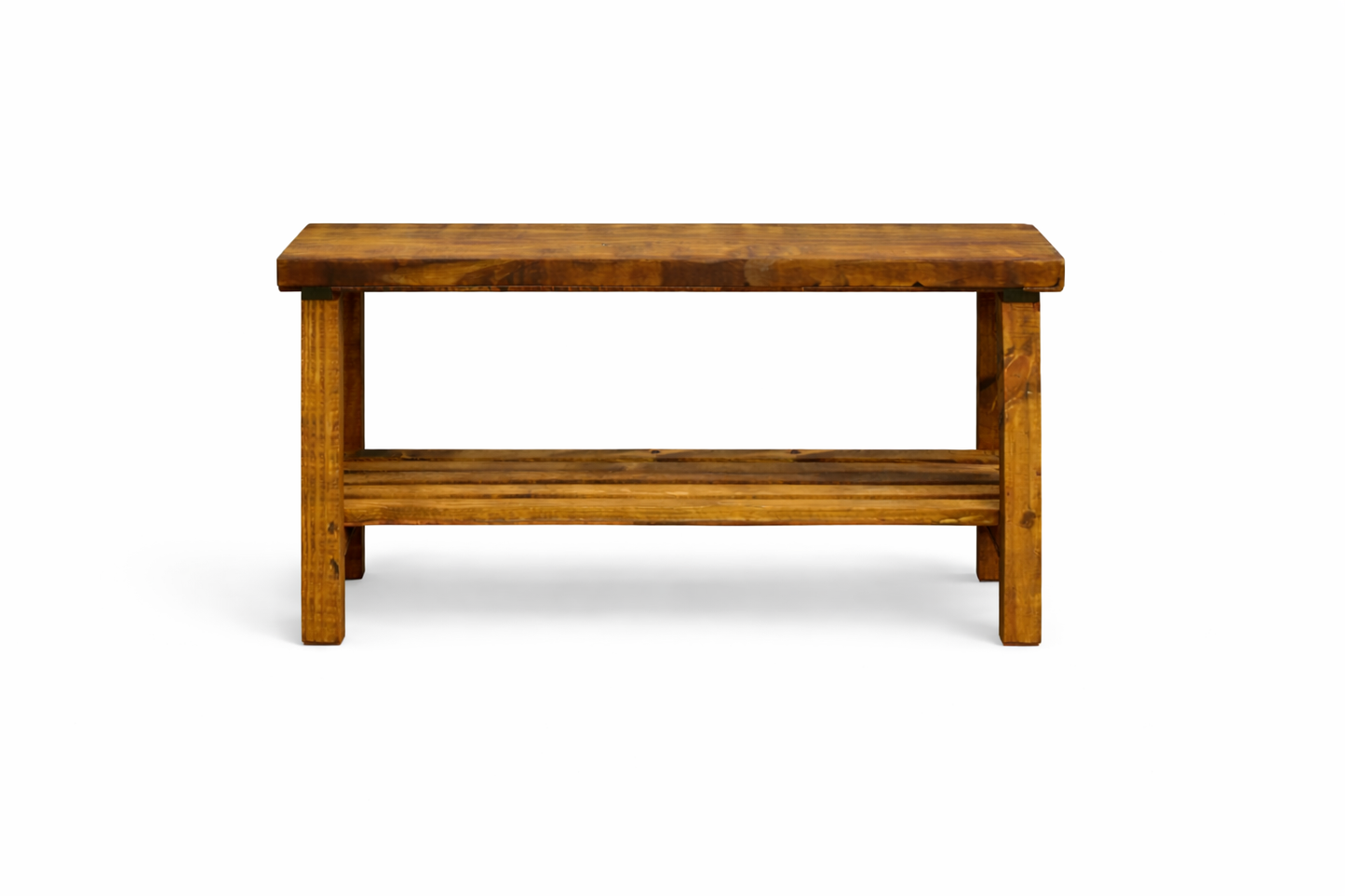 Solid wood furniture entryway bench with dark walnut top, white legs, and lower floating shelf in modern rustic style.
