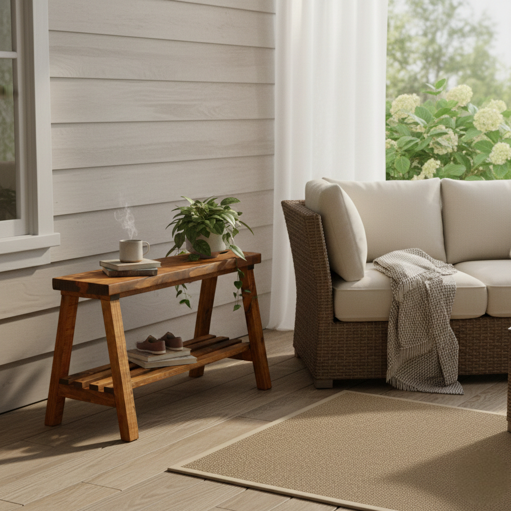 Solid wood furniture entryway bench with dark walnut top, white legs, and lower floating shelf in modern rustic style.