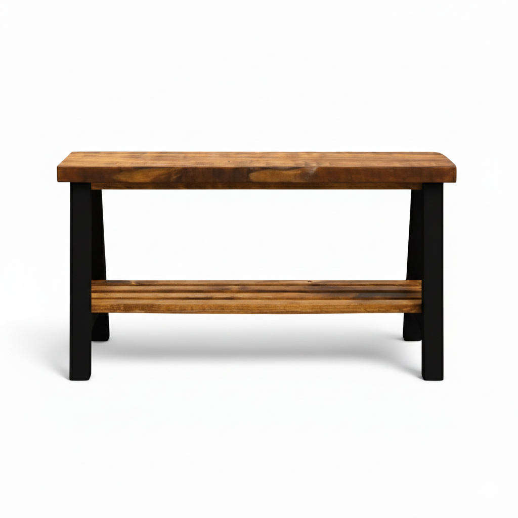 Solid wood furniture entryway bench with dark walnut top, white legs, and lower floating shelf in modern rustic style.