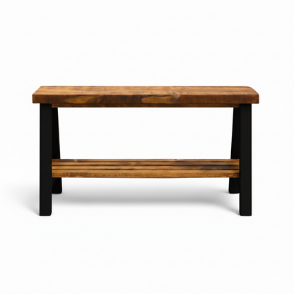 Solid wood furniture entryway bench with dark walnut top, white legs, and lower floating shelf in modern rustic style.