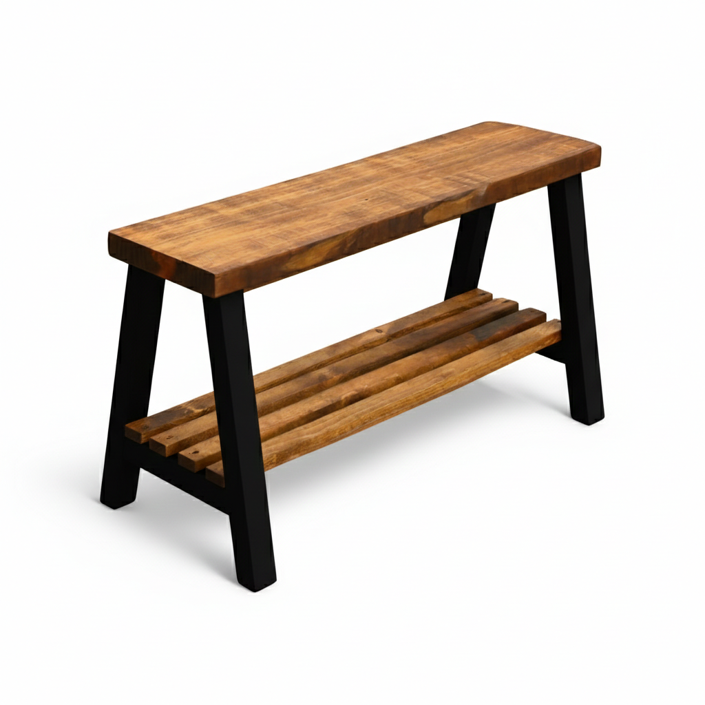 Solid wood furniture entryway bench with dark walnut top, white legs, and lower floating shelf in modern rustic style.