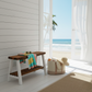 Solid wood furniture entryway bench with dark walnut top, white legs, and lower floating shelf in modern rustic style.
