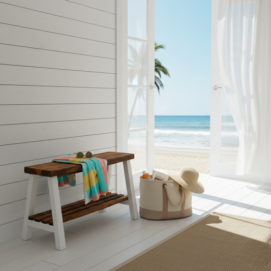 Solid wood furniture entryway bench with dark walnut top, white legs, and lower floating shelf in modern rustic style.