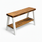 Solid wood furniture entryway bench with dark walnut top, white legs, and lower floating shelf in modern rustic style.