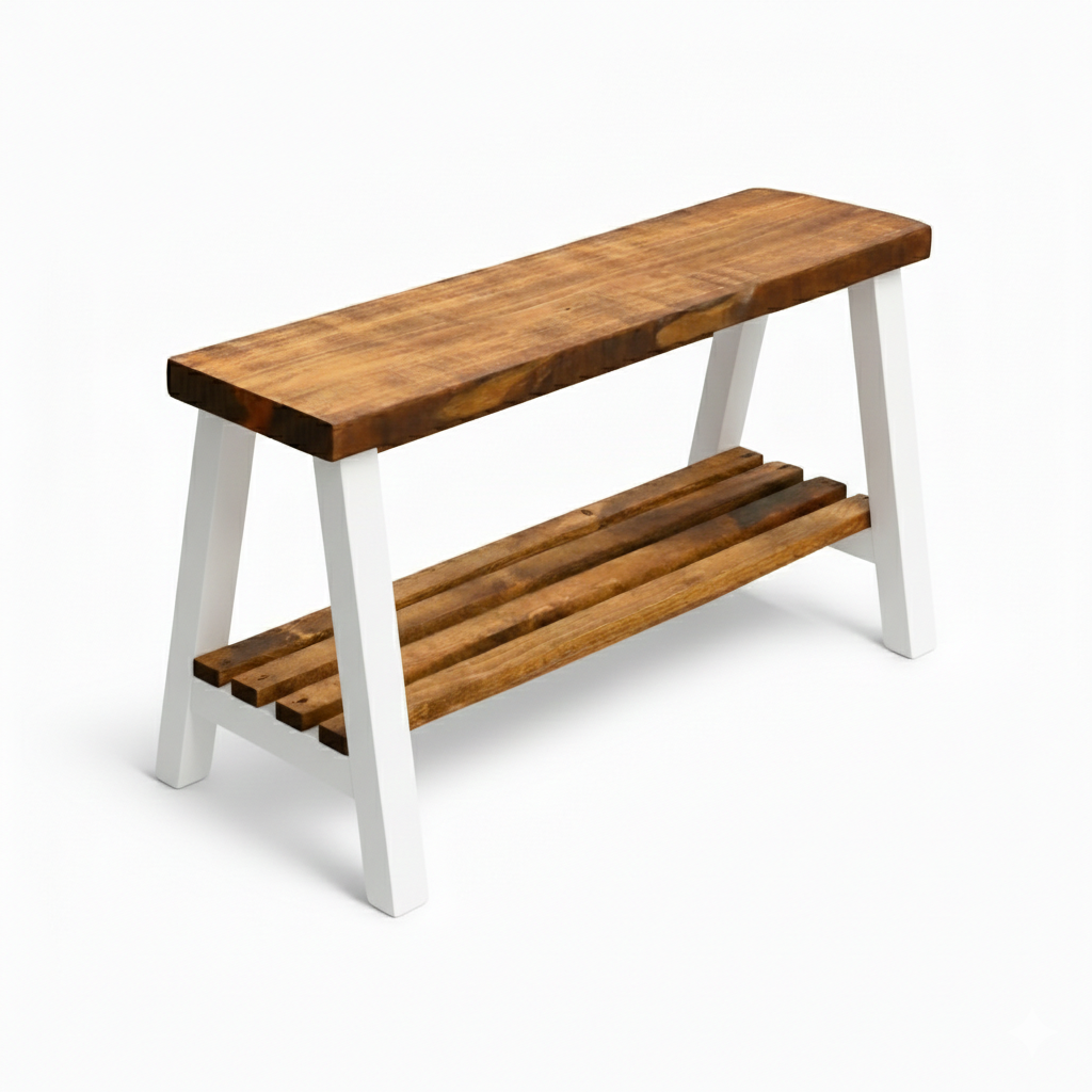 Solid wood furniture entryway bench with dark walnut top, white legs, and lower floating shelf in modern rustic style.