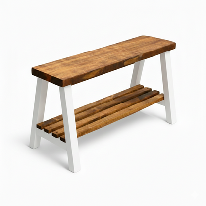 Solid wood furniture entryway bench with dark walnut top, white legs, and lower floating shelf in modern rustic style.