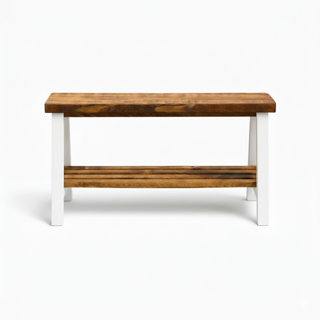Solid wood furniture entryway bench with dark walnut top, white legs, and lower floating shelf in modern rustic style.