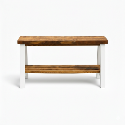 Solid wood furniture entryway bench with dark walnut top, white legs, and lower floating shelf in modern rustic style.