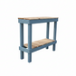 Solid wood handmade console table in navy blue with natural wood top and lower shelf, modern rustic furniture.