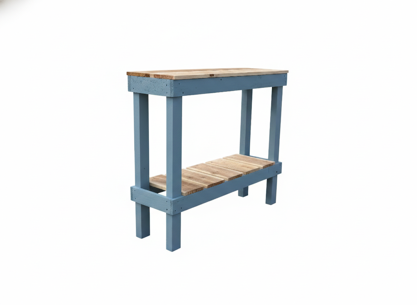 Solid wood handmade console table in navy blue with natural wood top and lower shelf, modern rustic furniture.