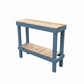 Solid wood handmade console table in navy blue with natural wood top and lower shelf, modern rustic furniture.