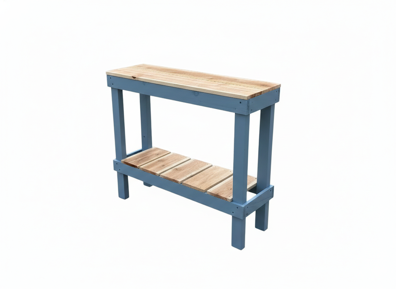 Solid wood handmade console table in navy blue with natural wood top and lower shelf, modern rustic furniture.