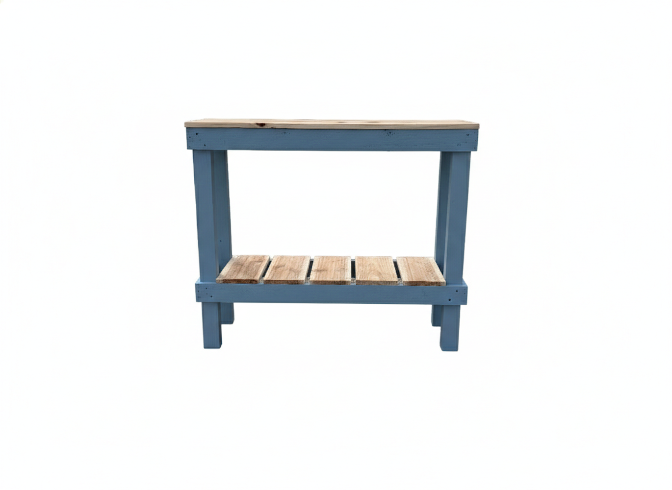 Solid wood handmade console table in navy blue with natural wood top and lower shelf, modern rustic furniture.