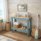 Solid wood handmade console table in navy blue with natural wood top and lower shelf, modern rustic furniture.