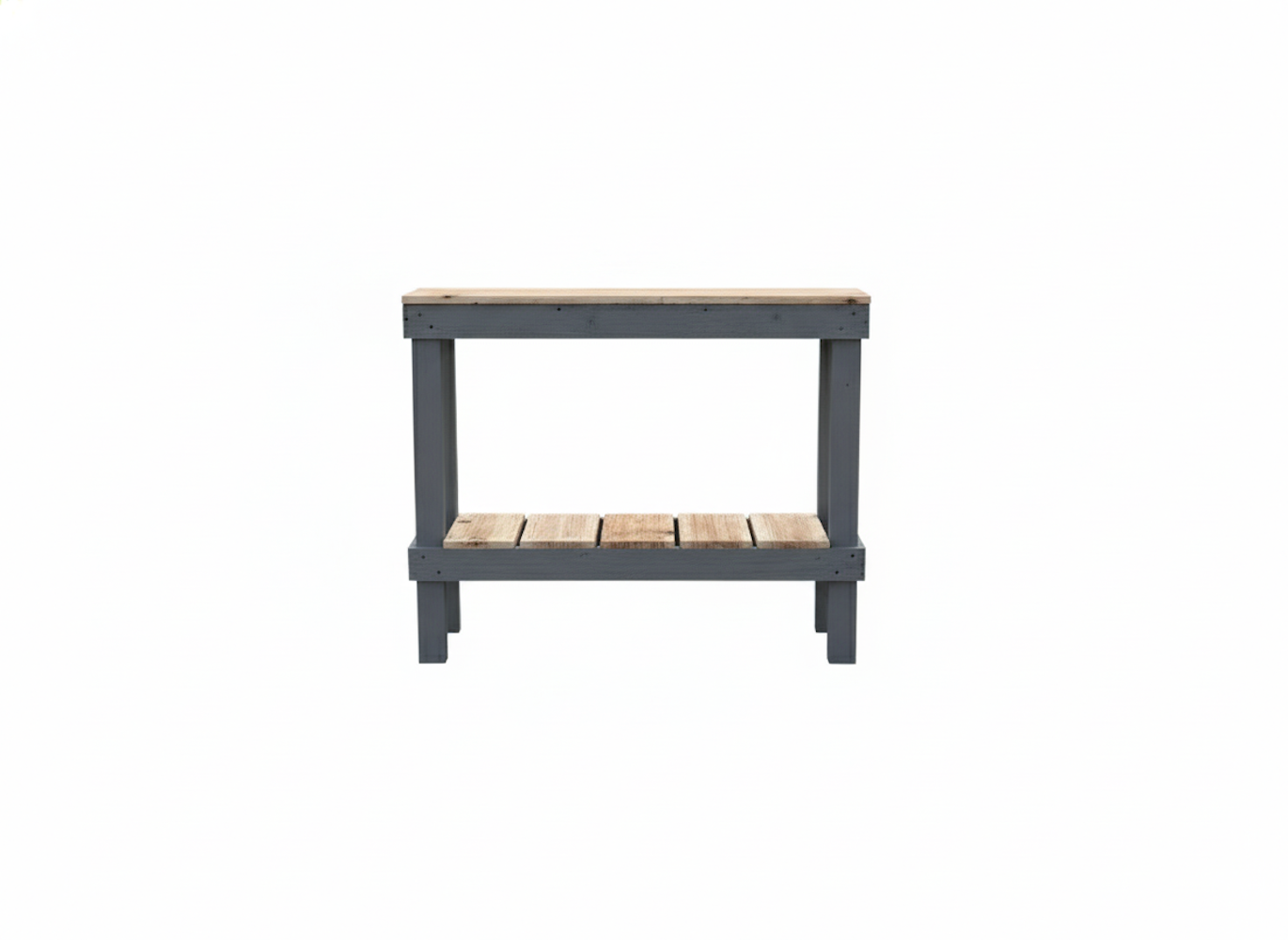 Solid wood handmade console table in navy blue with natural wood top and lower shelf, modern rustic furniture.