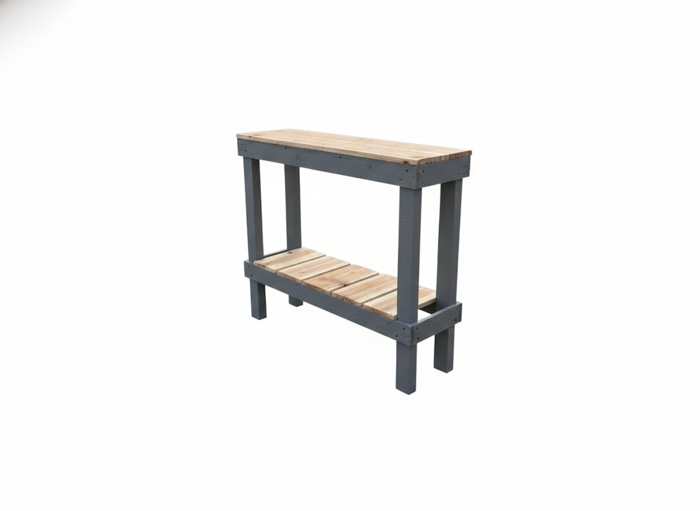 Solid wood handmade console table in navy blue with natural wood top and lower shelf, modern rustic furniture.