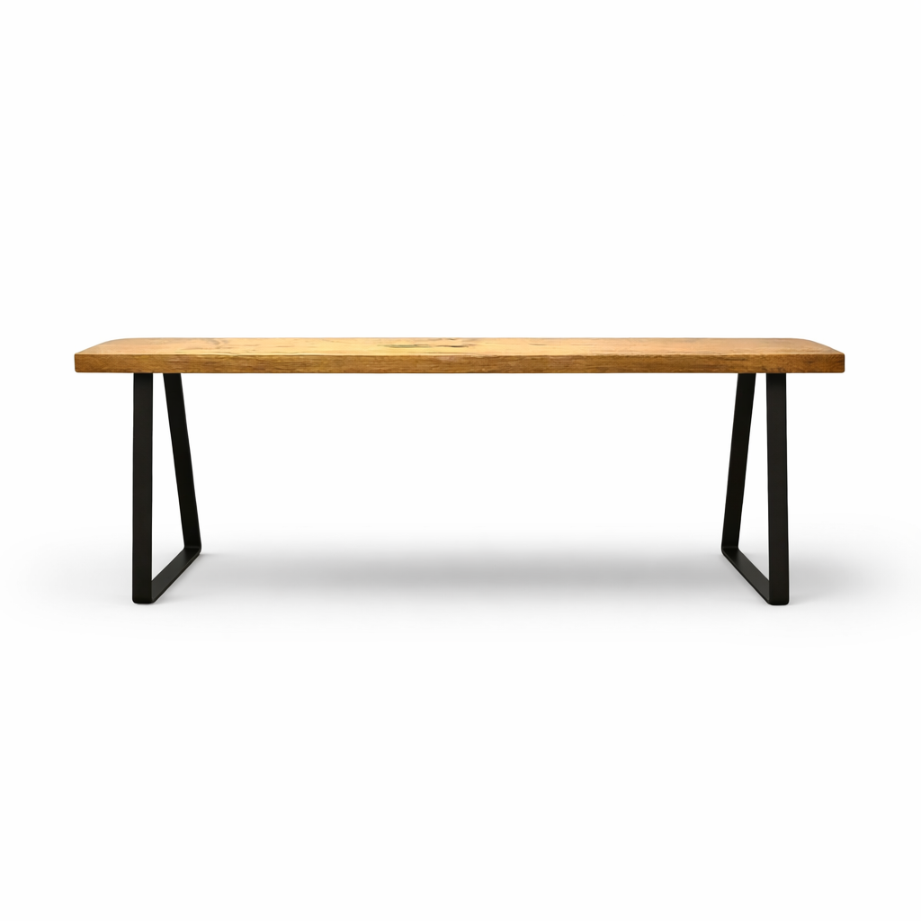 Light walnut solid wood bench with black metal legs, modern rustic furniture accent piece.